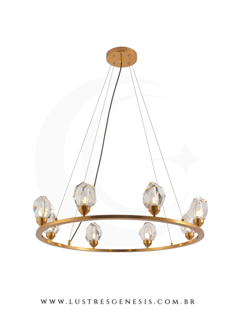 Luminária pendente de cristal Sirius Ø80cm da Sindora, com design moderno em dourado e cristais, ideal para sala de jantar ou estar.